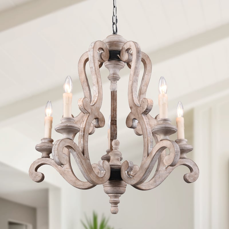 Oaks Aura French Country 5-Light Wood Rustic Pendant Ceiling Light ,Farmhouse Shabby Chic Candle Chandelier