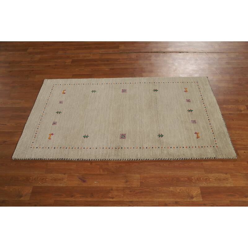 Hand Knotted Oriental 100% Wool Carpet Tribal Animal Pictorial Beige & Ivories Gabbeh Area Rug - 4' 10'' X 2' 9''
