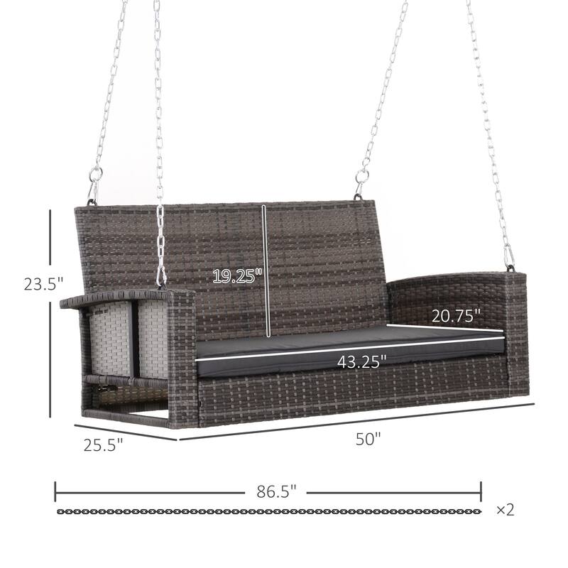 50" Outdoor Wicker Hanging Swing Bench with Cushions and Steel Frame