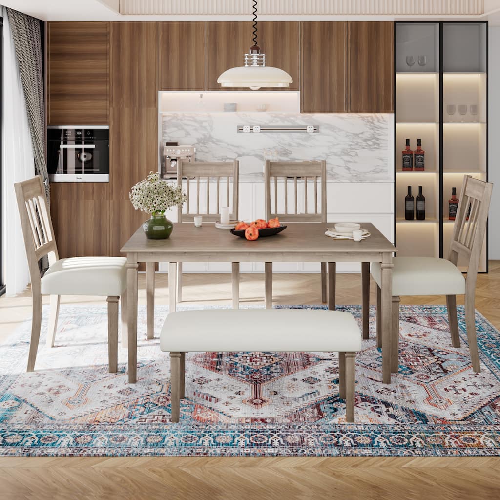 6-Piece Dining Table Set, Including 1 Rectangular Table, 4 Upholstered Chairs & 1 Bench, Wooden Kitchen Table & Chair Set