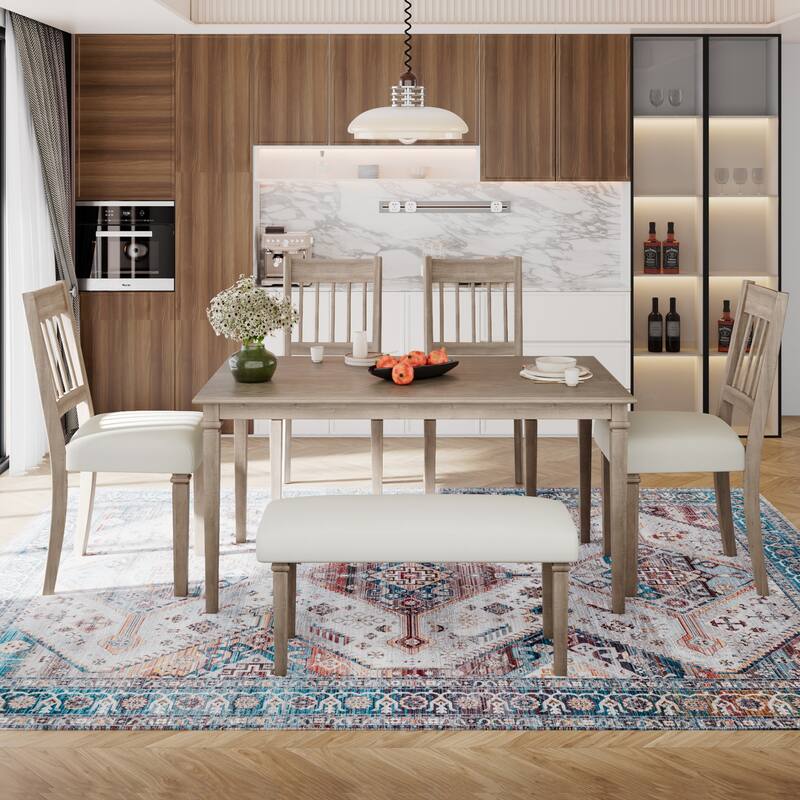 6-Piece Retro Dining Room Set, Classic Kitchen Furniture Set, Wooden Rectangular Table and 4 Chairs with Bench
