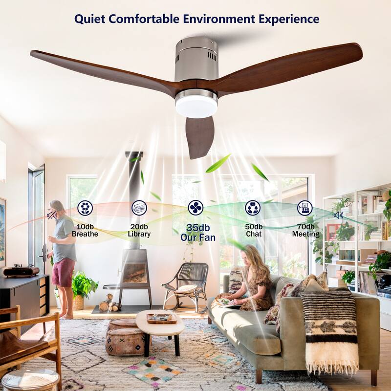 Hot sales 52 Inch Modern Ceiling Fan ,3 Color Dimmable 5 Solide Wood Blades Remote Control Reversible DC Motor With Led Light