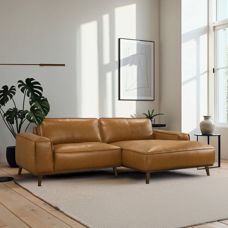 Dayton Genuine Leather Sectional with Chaise - Tan Leather - Right Facing