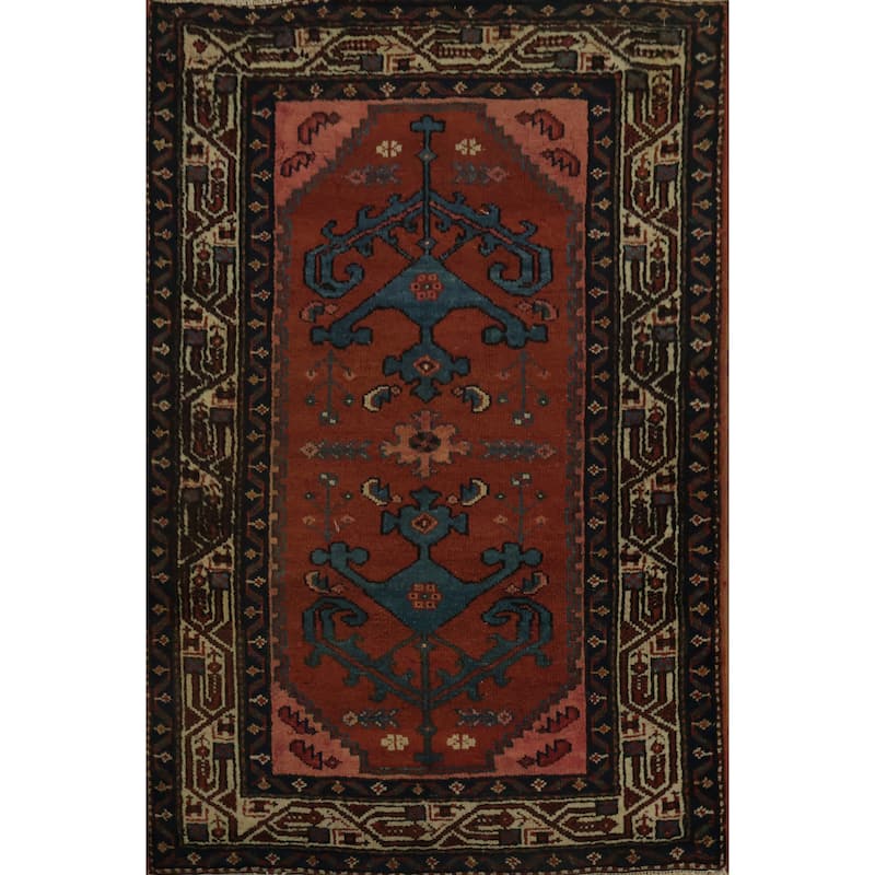 Hand Knotted Oriental 100% Wool Carpet Traditional Geometric Red Malayer Area Rug - 3' 9'' X 2' 6''