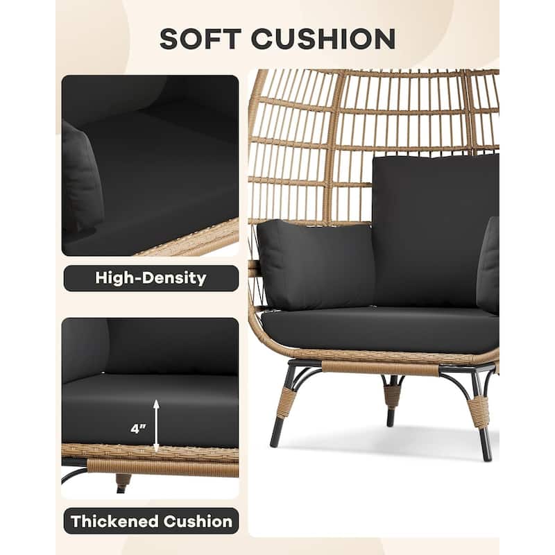 Oversize Wicker Egg Chair Outdoor with Steel Frame, Egg Basket Lounge Chair with 4 Cushions