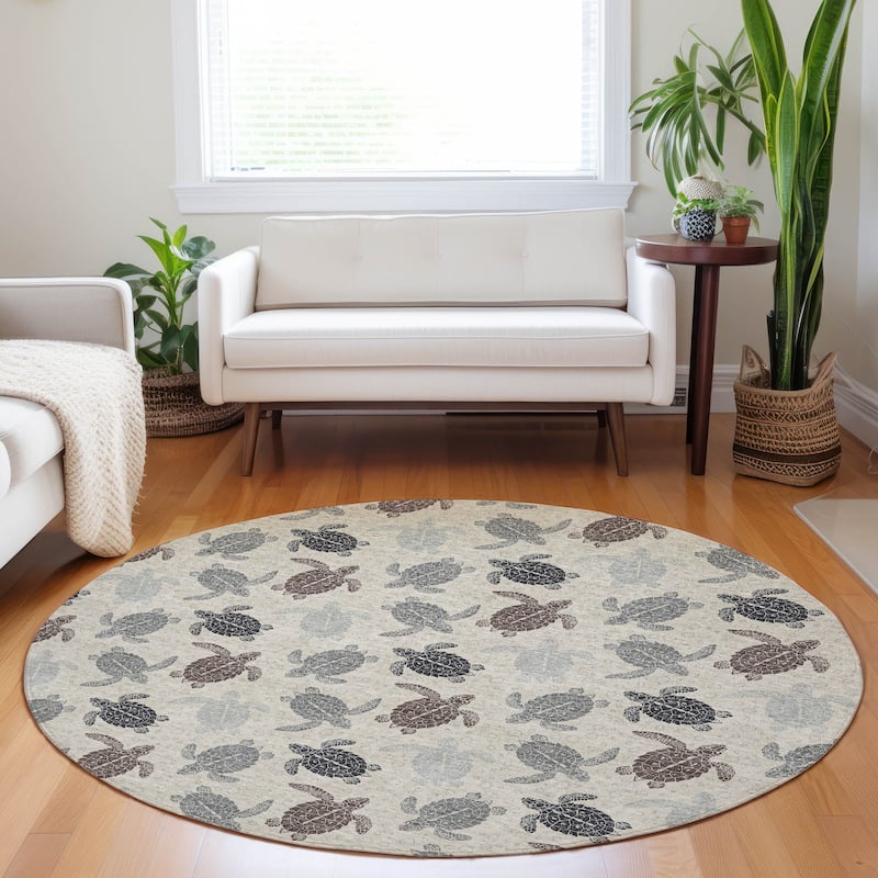 Premium Washable Super Soft Coastal Turtles Mayfield Rug - Sand - 8' x 8' - Round