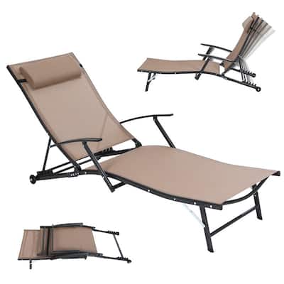 Patio Chaise Lounge Chair with Wheels, 5-Position Recliner with Armrests for Poolside, Beach, Backyard, or Patio
