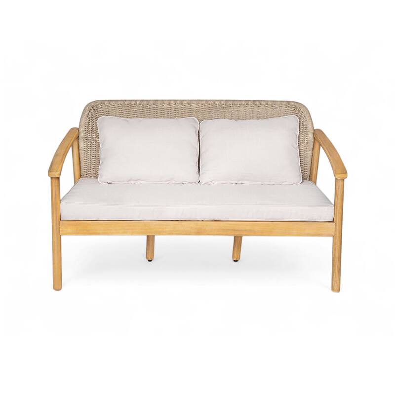 Christopher Knight Home - Camille 2-Piece Outdoor Acacia Wood Conversation Set with Woven Rope Backrest & Coffee Table