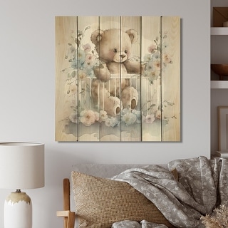 Designart 'Teddy Bear In Crib With Flowers II' Animals Bear Wood Wall Art - Natural Pine Wood