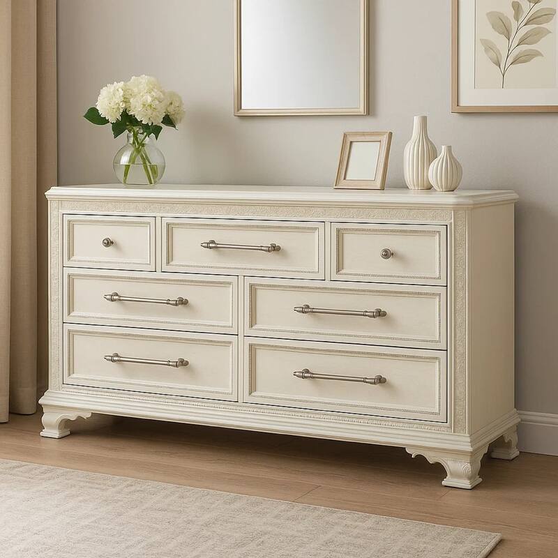 Miamy Wide Dresser, 7 Drawers w Jewelry Tray, Creamy White Pine Wood