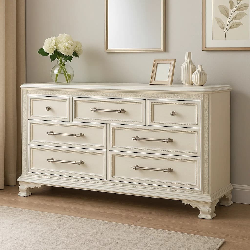 Miamy Wide Dresser, 7 Drawers w Jewelry Tray, Creamy White Pine Wood