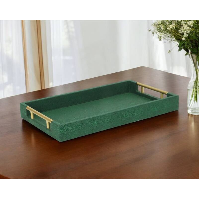 HomeRoots 16" Green Wood Wood Faux Shagreen Serving Tray With Handles - Green