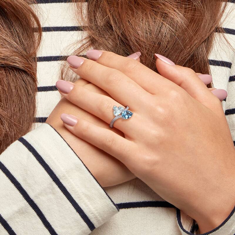 Miadora 1 7/8ct TGW Pear-Shape London Blue Topaz and Aquamarine and 1/10ct TDW Diamond Toi et Moi Ring in 14k White Gold