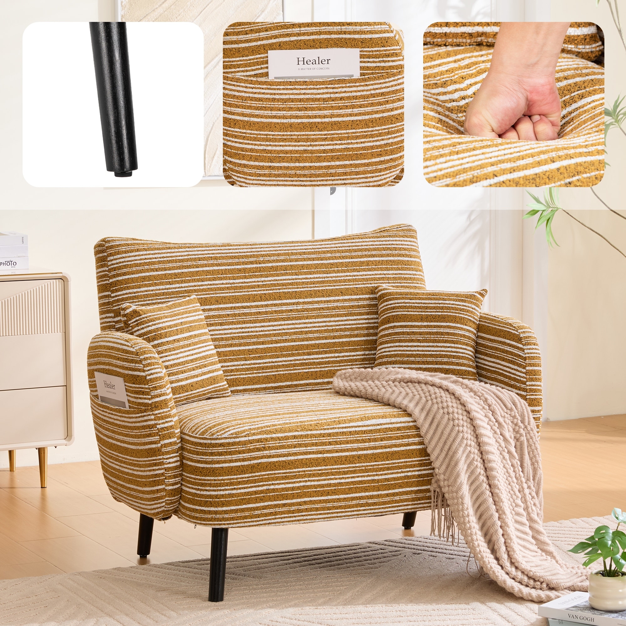 Modern 2-Seater Sofa Deep-Seated Sofa with Armrest Pillows & Side Storage Pockets, for Bedroom, Apartment