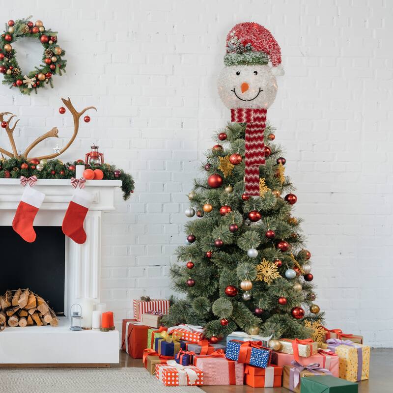 22" Lighted Snowman Wearing a Red Frosted Hat with Pine Christmas Tree Topper - 22