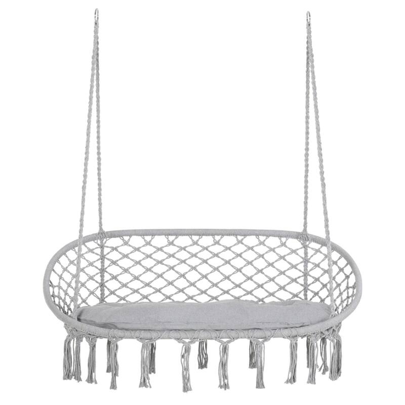 2 Person Hammock Hanging Seat Swing Chair with Macrame Net Design and Cushion for Patio or Balcony