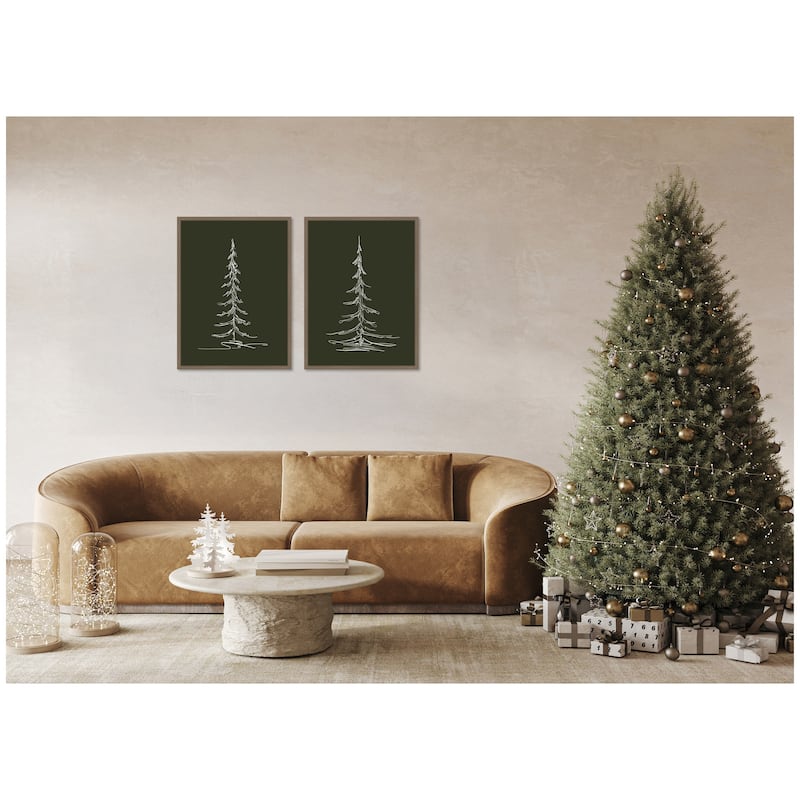 Kate and Laurel Sylvie Minimalist Evergreen Trees Sketch - 2 Piece Framed Canvas Art Set by The Creative Bunch Studio