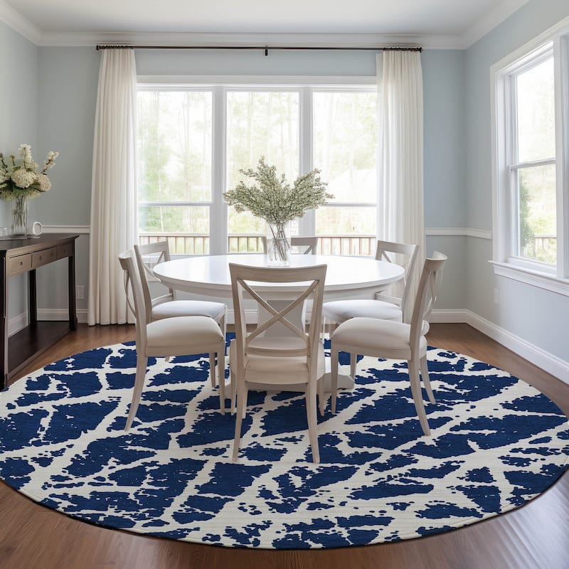 Machine Washable Indoor/ Outdoor Transitional Navy Crackle Chantille Rug