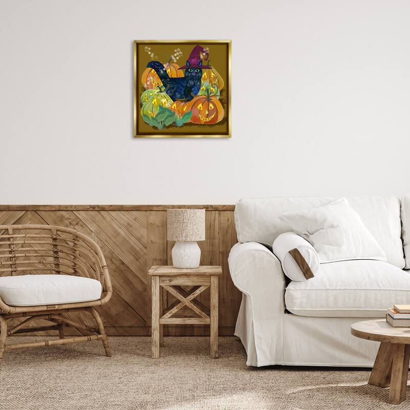 Stupell Cat with Jack-o-Lanterns Framed Floater Canvas Wall Art Design By Kay Widdowson