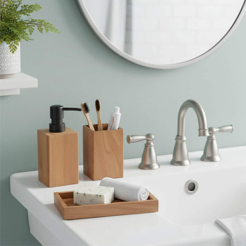 Acacia Bathroom Accessory Set 3-Pieces Rectangular - tumbler, soap dispenser and a rectangular tray