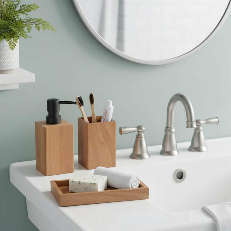 Acacia Bathroom Accessory Set 3-Pieces Rectangular - tumbler, soap dispenser and a rectangular tray