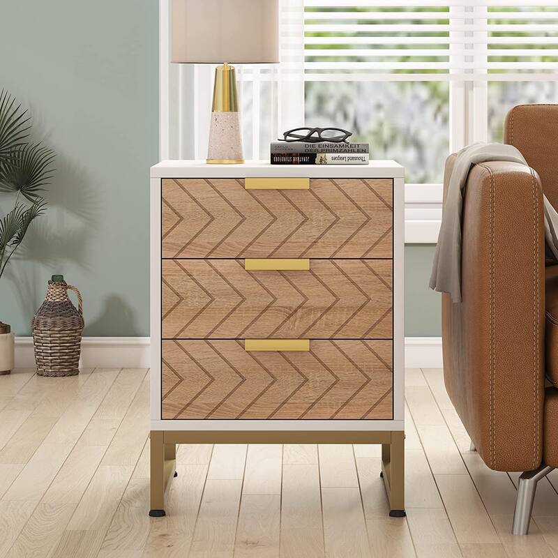 Modern 3 Drawers Nightstand, Bedside Table with Unique Zig Zag Design for Bedroom Living Room