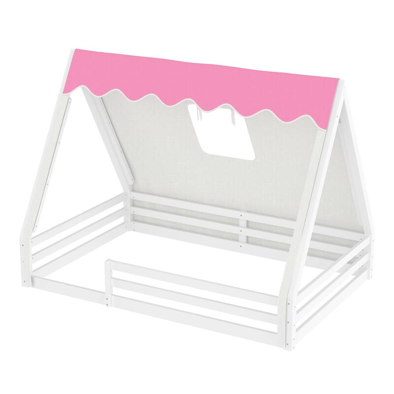 Full Size House Floor Bed with Tent and Light, Solid Wood Teepee Floor Bed with Full-length Guardrails