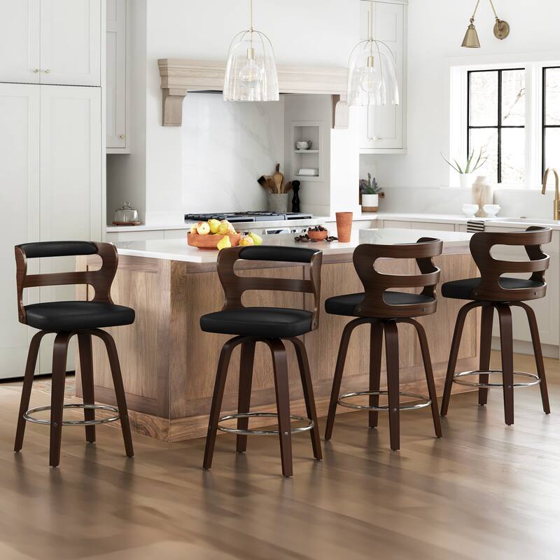 26"H Modern Walnut Swivel Counter Height Stool, Bar Stools with Back Set of 4 - 26" H - Black/Walnut