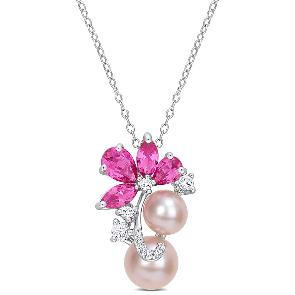 Miadora Pink Cultured Freshwater Pearl & 3 1/8 CT TGW Created Pink and White Sapphire Pendant with Chain in Sterling Silver
