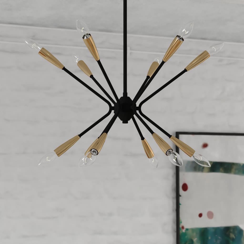 Ellis 12L Black and Brass Sputnik Mid-Century Modern Pendant Light - 25.25-in W x 23.75-in H x 25.25-in D