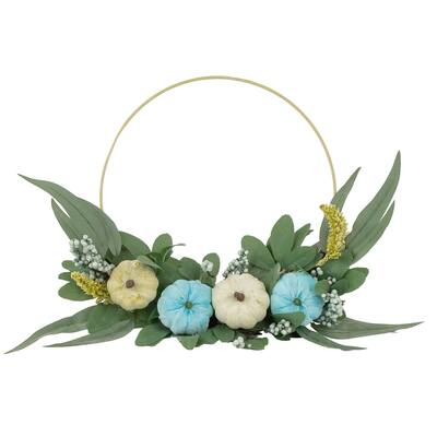Blue Pumpkins and Foliage Fall Harvest Artificial Half Wreath 20-Inch - 20"