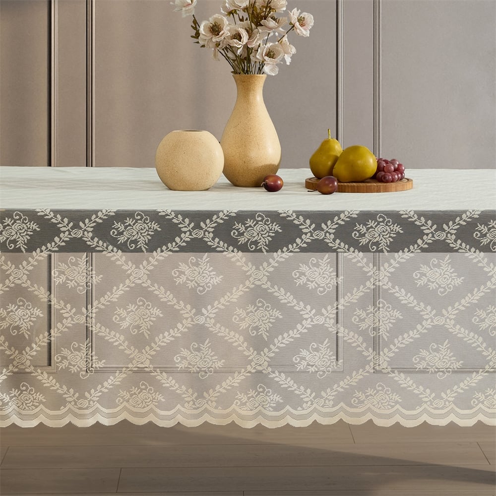 HLC.ME Isabella Floral Lace Fabric Round Rectangle Tablecloth,Wrinkle Resistant Table cloth, Patterned Scalloped Tablecloth