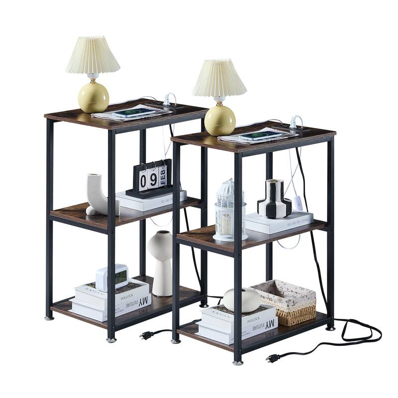 Javlergo Set of 2 Nightstand with Charging Station Side End Table with 3-tier Open Storage - Brown