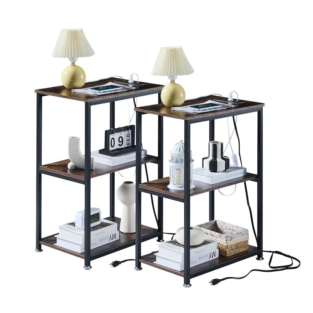 Javlergo Set of 2 Nightstand with Charging Station Side End Table with 3-tier Open Storage