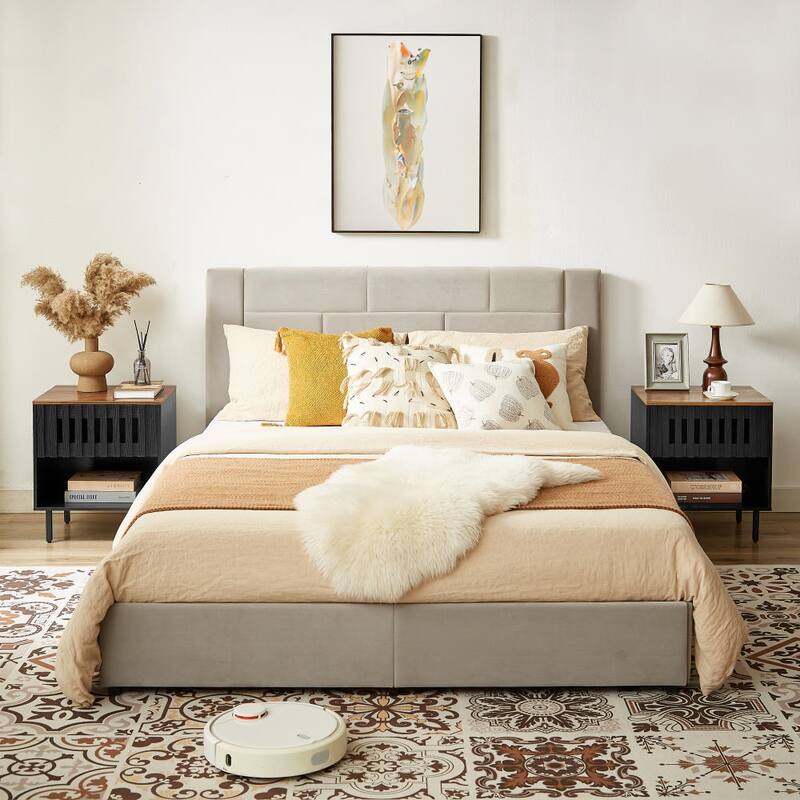 Modern Mid-Century Nightstand with Grille Striped Doors and Metal Legs, Ample Storage Bedside Table