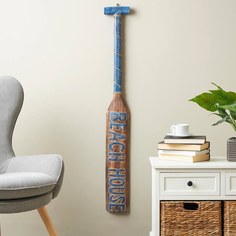 Brown Wood Beach House Sign Paddle Home Wall Decor with Blue Accents and Rope Detail - Brown