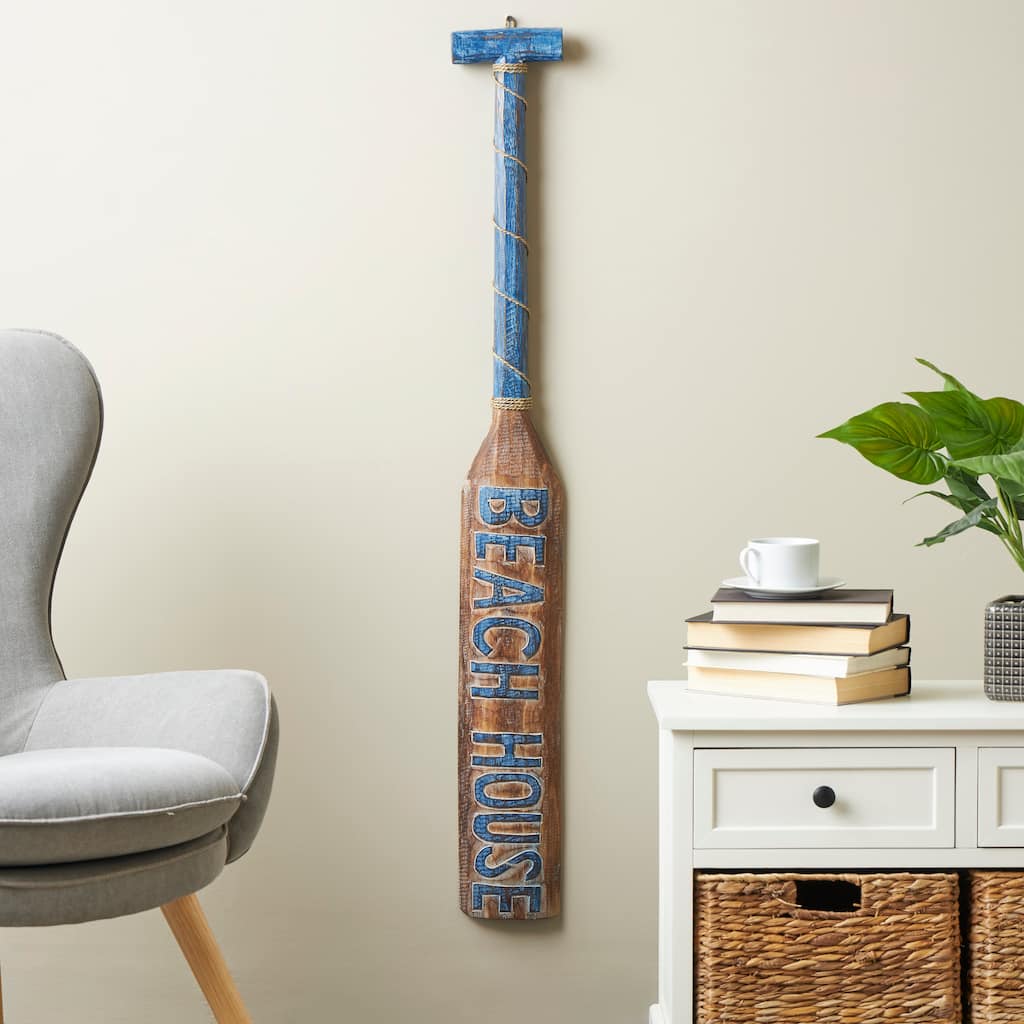 Brown Wood Beach House Sign Paddle Home Wall Decor with Blue Accents and Rope Detail