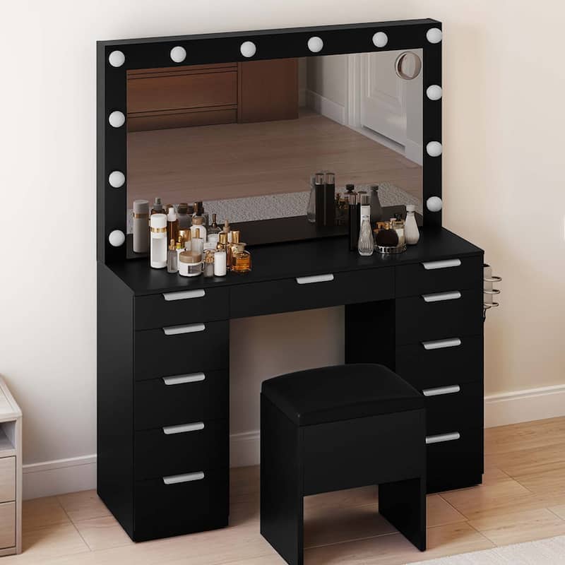 Makeup Vanity Set with Oversized Mirror 3 Color LED Lights Charging Hub 11 Drawers and Comfy Storage Stool for Bedroom - Black