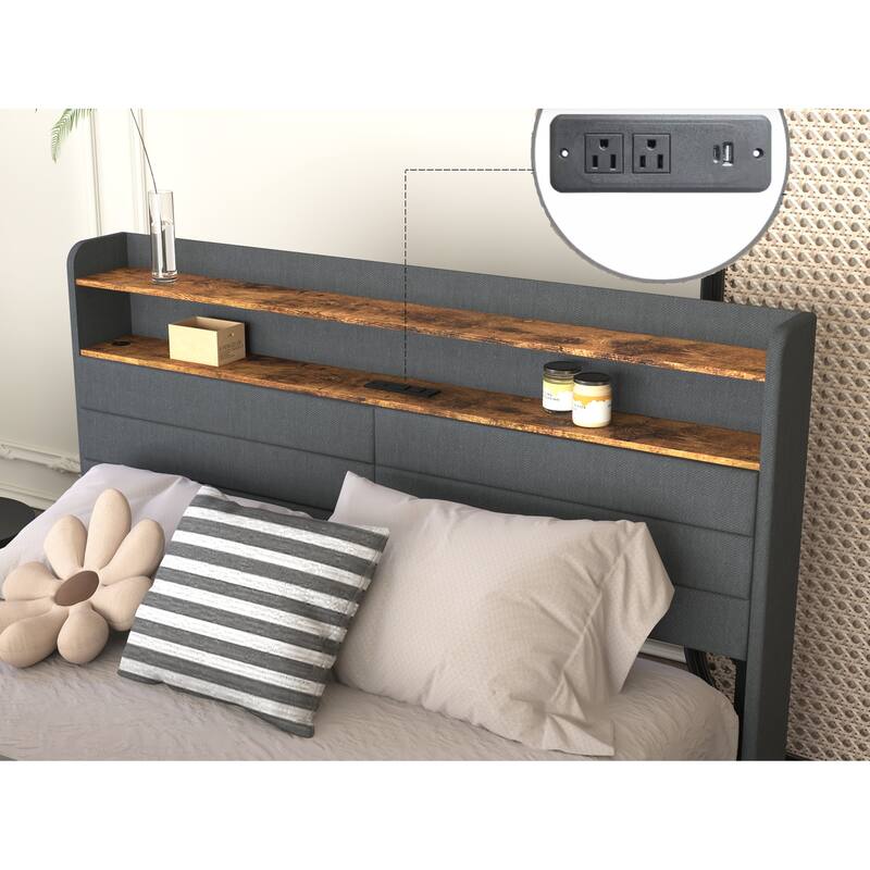 Platform Storage Bed Frame with 4 Underbed Drawers/Headboard with 2 Shelves/LED Light/Charging Station/Noise Free - Black Gray