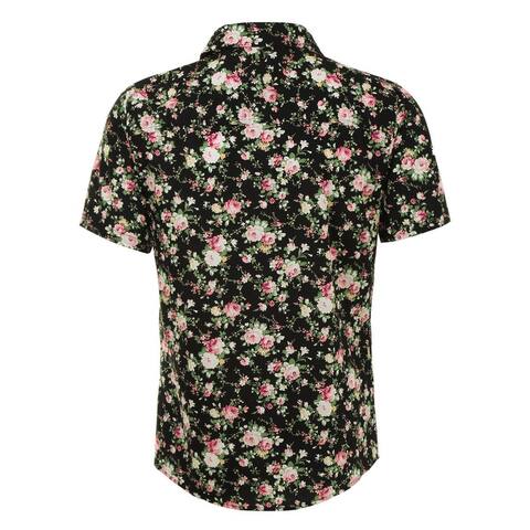 Men Short Sleeve Button Front Floral Print Cotton Beach Hawaiian Shirt