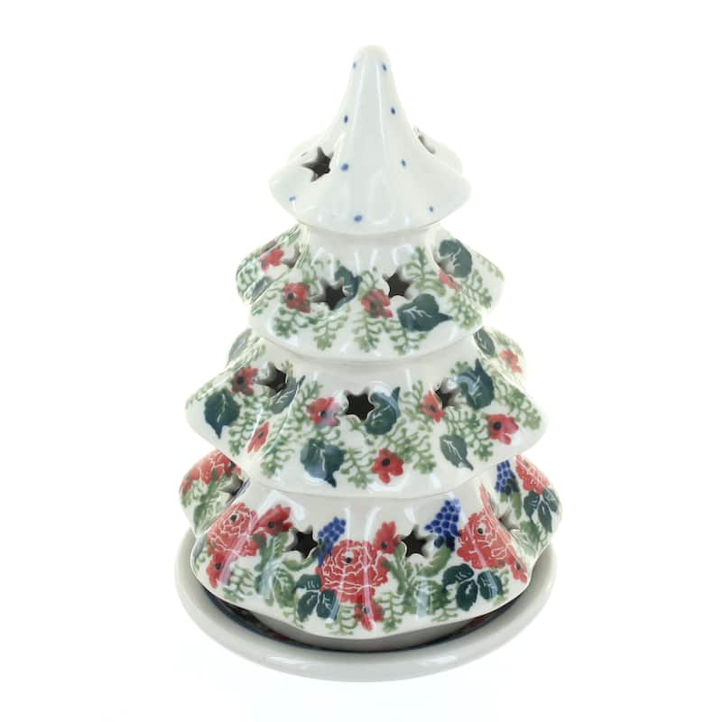 Blue Rose Polish Pottery 512 Ceramika Artystyczna Small Christmas Tree Luminary - Winter Floral