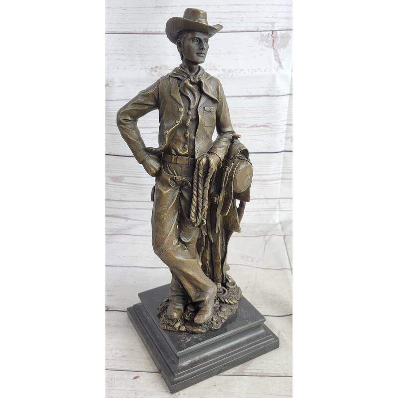 Signed Original Patoue French Artist Cowboy With Rope Bronze Statue Sculpture