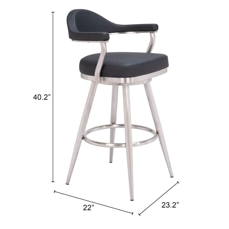 Modern 30-Inch Black Faux Leather Swivel Bar Stool with Arms & Footrest - 22" x 23.2" x 40.2"