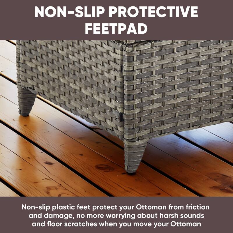2 Piece Patio Rattan Ottomans, Outdoor Wicker Footstool - Grey