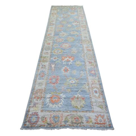 Shahbanu Rugs Steel Blue, Hand Knotted Extra Soft Wool, Afghan Oushak with Natural Dyes, Runner Oriental Rug (3'2" x 11'9")