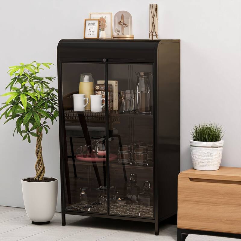 47.6" Metal Storage Cabinet with Glass Doors, Flip-Top & Open Shelves, Freestanding Buffet for Kitchen