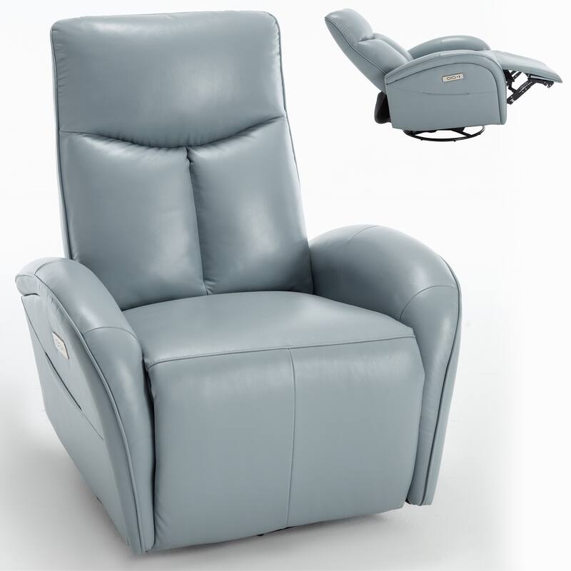 270° Genuine Leather Swivel and Rocker Power Recliner Chair for Elderly, Lving Room Single Sofa w/Lumbar Support & Rolled Arms