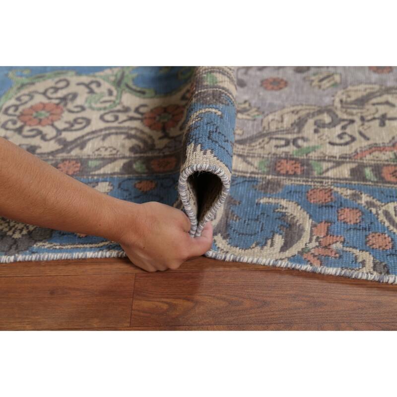 Distressed Blue Tabriz Persian Vintage Rug Hand-Knotted Wool Carpet - 6'10"x 10'8"