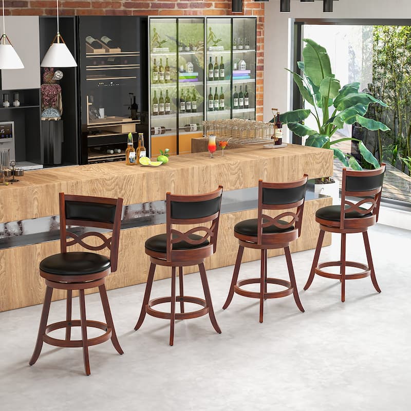 Gymax 24 Inch Bar Stools Set of 4 w/ Rubber Wood Frame Faux Leather