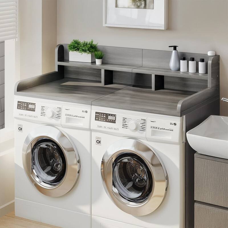 2-Tier Washer Dryer Countertop, 54" W x 27.5" D Laundry Countertop for Folding Clothes, Dual Storage & Edge Guard